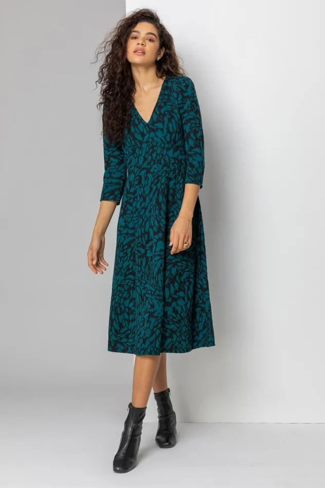 Teal Animal Print Jacquard Dress Women Roman Dresses