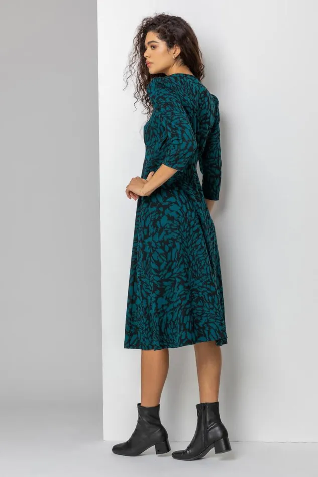 Teal Animal Print Jacquard Dress Women Roman Dresses