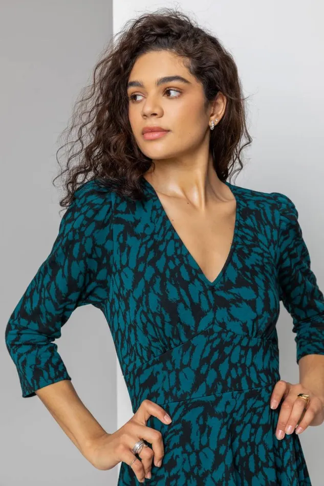 Teal Animal Print Jacquard Dress Women Roman Dresses