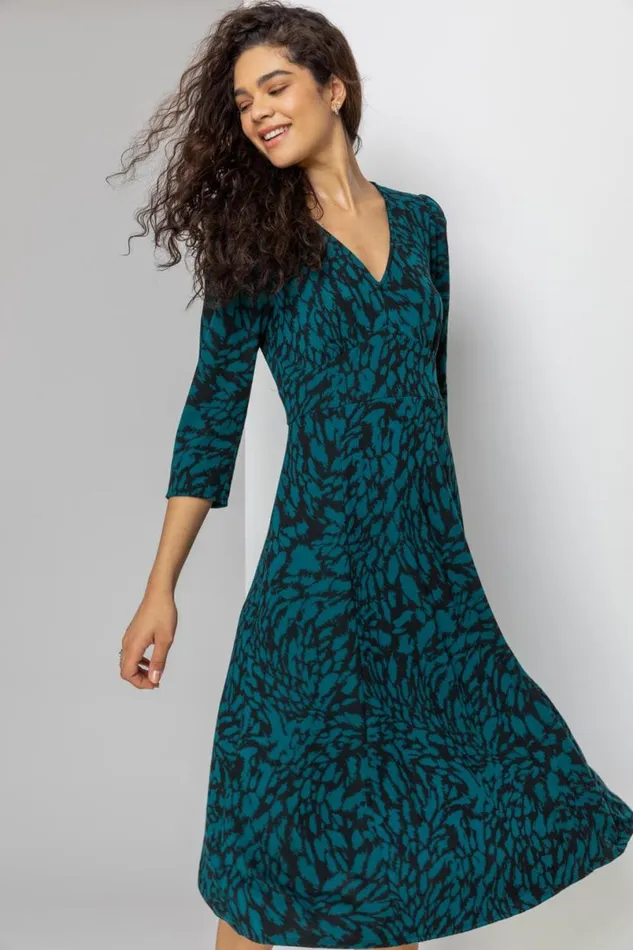 Teal Animal Print Jacquard Dress Women Roman Dresses