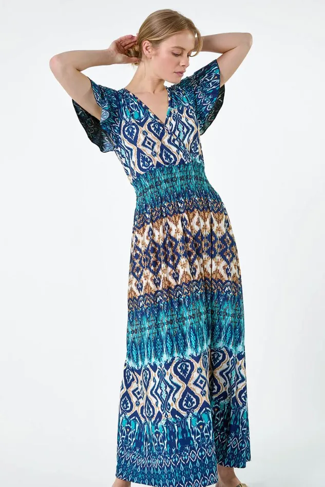 Teal Aztec Print Shirred Stretch Maxi Dress Women Roman Dresses