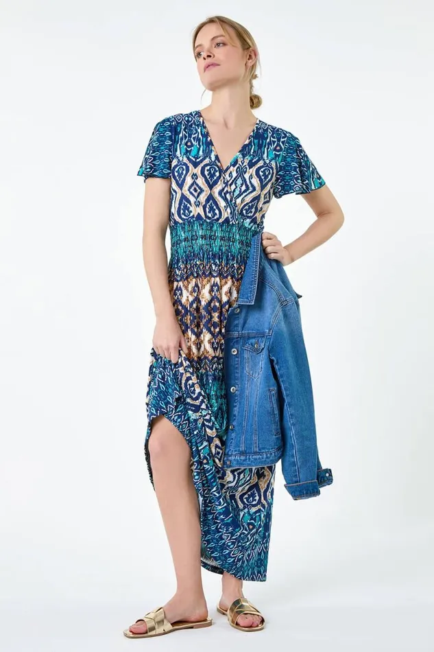 Teal Aztec Print Shirred Stretch Maxi Dress Women Roman Dresses