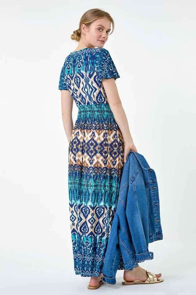 Teal Aztec Print Shirred Stretch Maxi Dress Women Roman Dresses