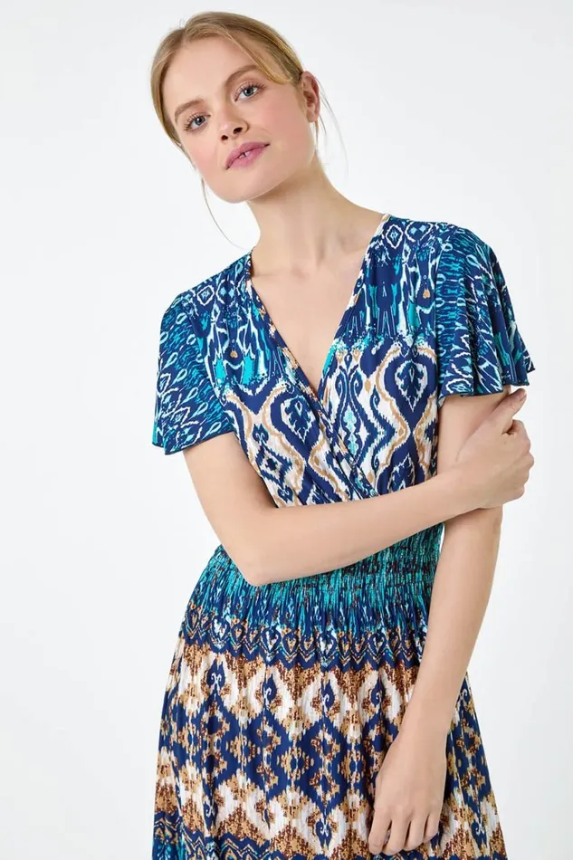 Teal Aztec Print Shirred Stretch Maxi Dress Women Roman Dresses