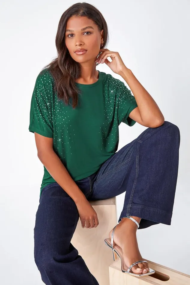 Teal Embellished Stretch TShirt Women Roman Tops