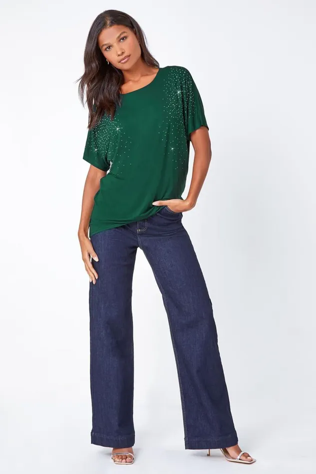 Teal Embellished Stretch TShirt Women Roman Tops