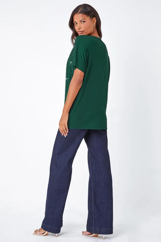 Teal Embellished Stretch TShirt Women Roman Tops