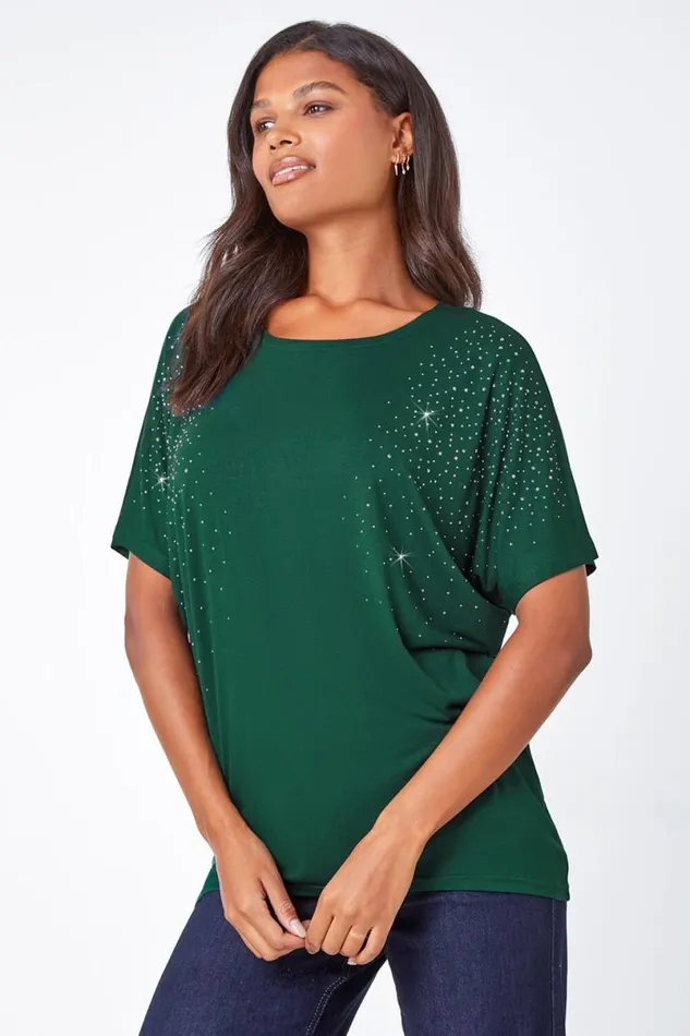 Teal Embellished Stretch TShirt Women Roman Tops
