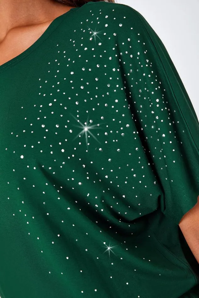 Teal Embellished Stretch TShirt Women Roman Tops