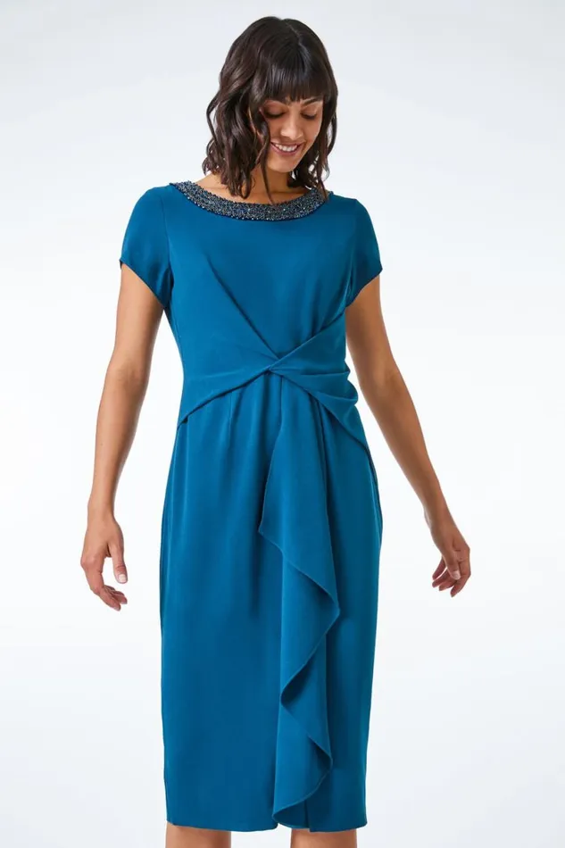 Teal Embellished Twist Waist Stretch Ruched Dress Women Roman Dresses