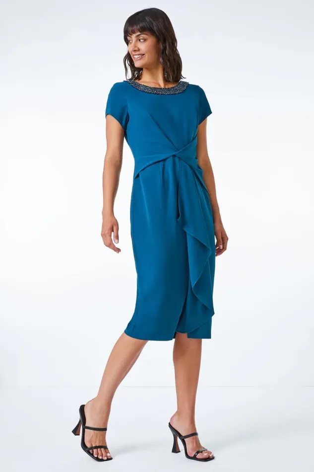 Teal Embellished Twist Waist Stretch Ruched Dress Women Roman Dresses