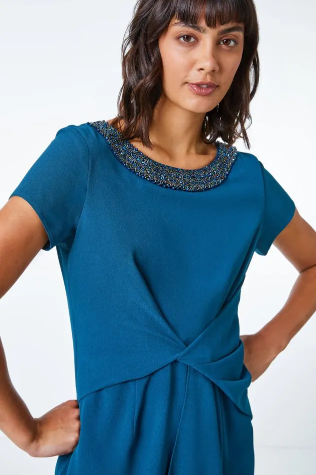 Teal Embellished Twist Waist Stretch Ruched Dress Women Roman Dresses