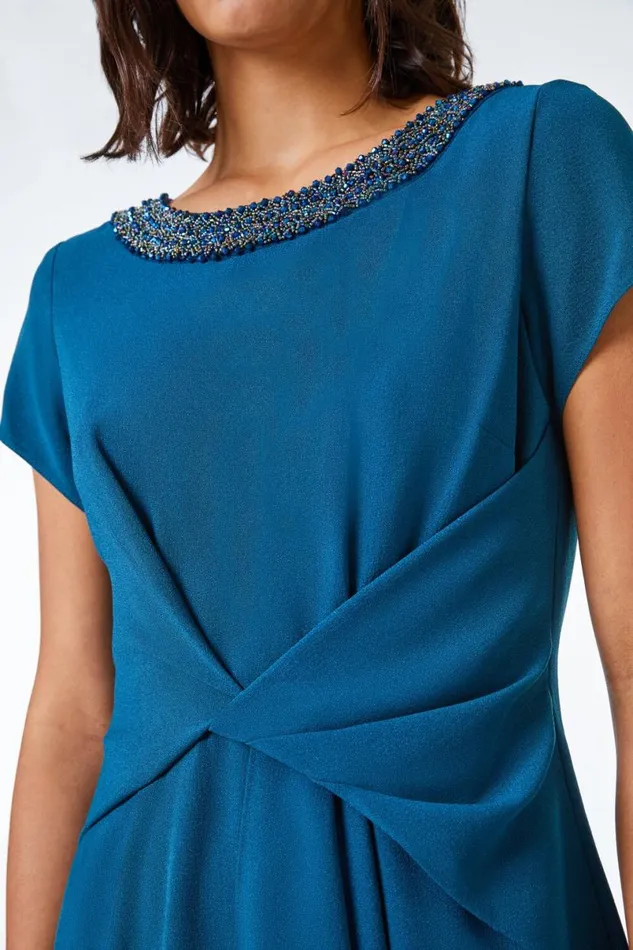 Teal Embellished Twist Waist Stretch Ruched Dress Women Roman Dresses