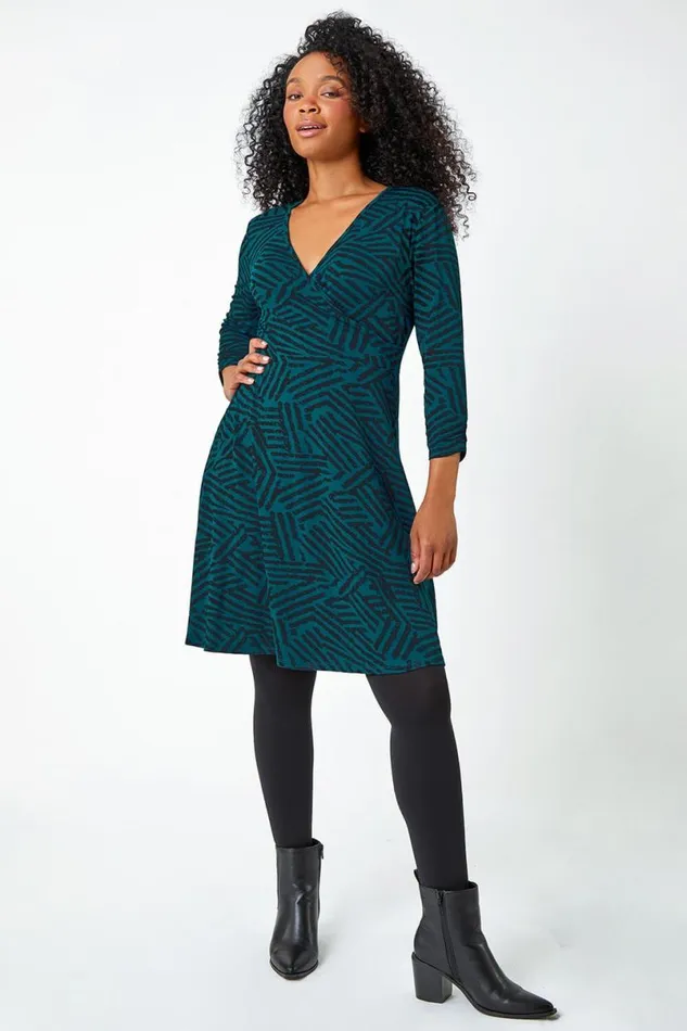 Teal Petite Mock Wrap Abstract Stretch Dress Women Roman Dresses