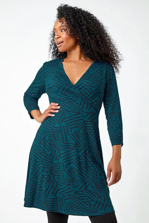 Teal Petite Mock Wrap Abstract Stretch Dress Women Roman Dresses