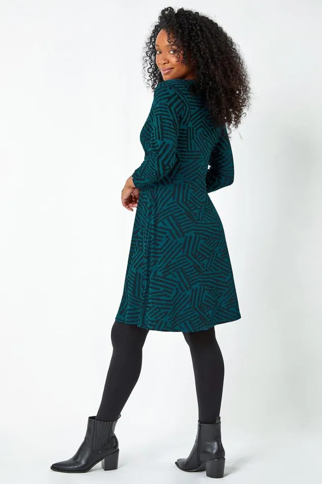 Teal Petite Mock Wrap Abstract Stretch Dress Women Roman Dresses