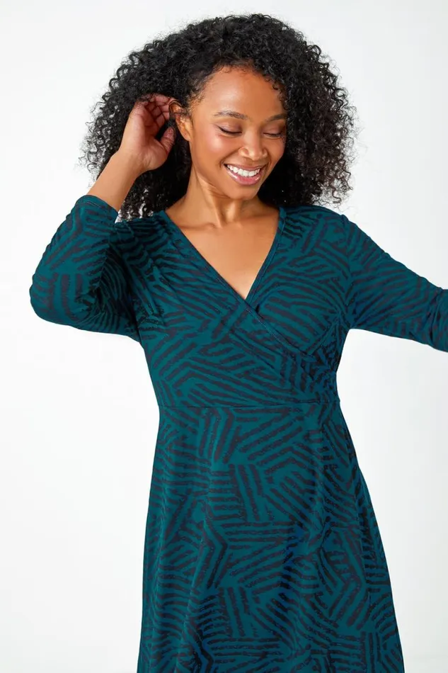 Teal Petite Mock Wrap Abstract Stretch Dress Women Roman Dresses