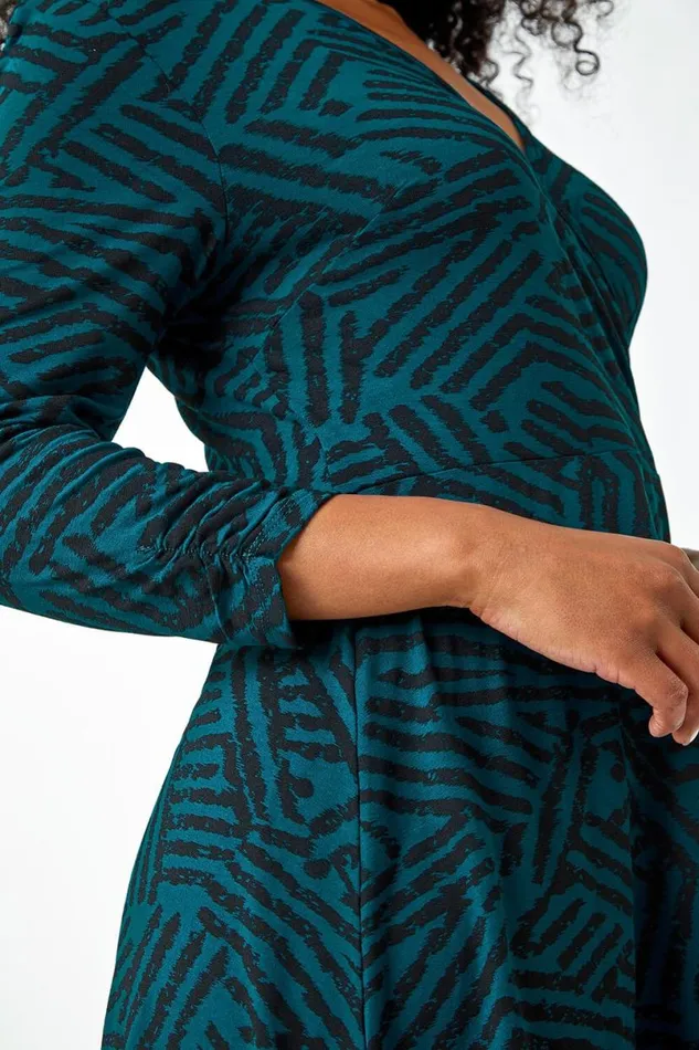 Teal Petite Mock Wrap Abstract Stretch Dress Women Roman Dresses