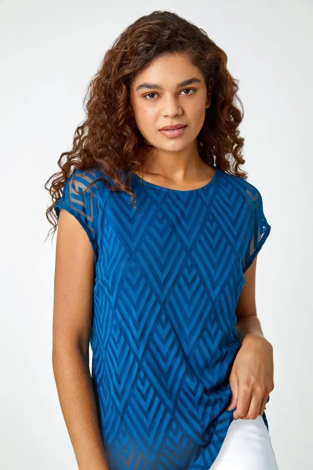 Teal Textured Chevron Print Top Women Roman Tops