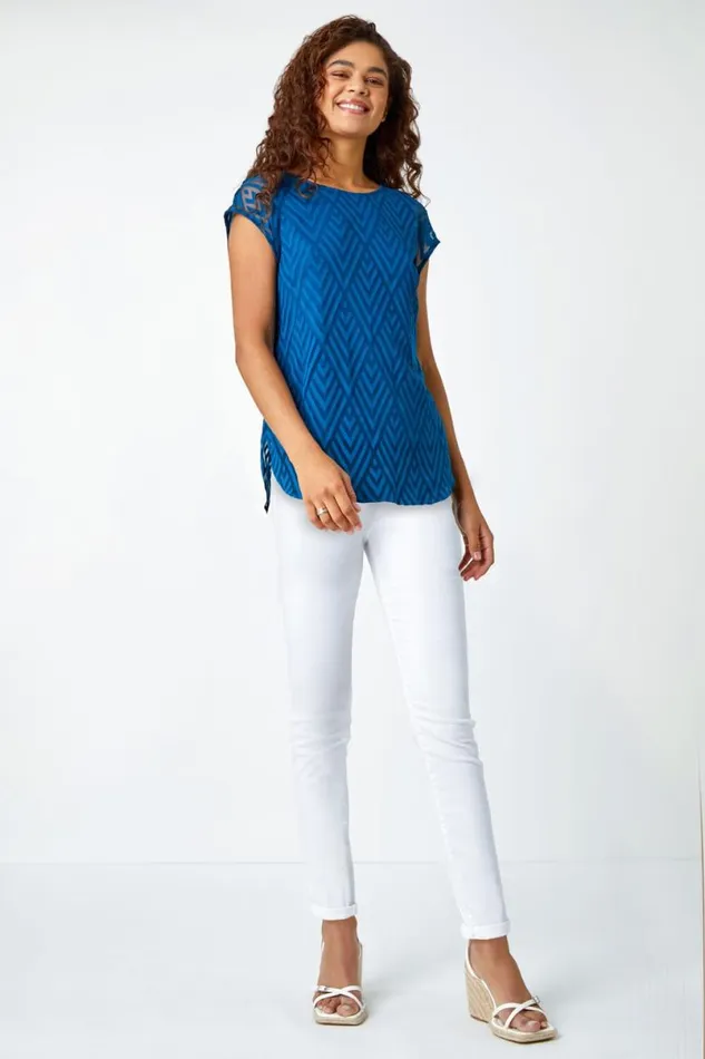 Teal Textured Chevron Print Top Women Roman Tops
