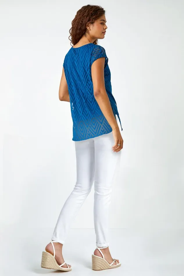 Teal Textured Chevron Print Top Women Roman Tops