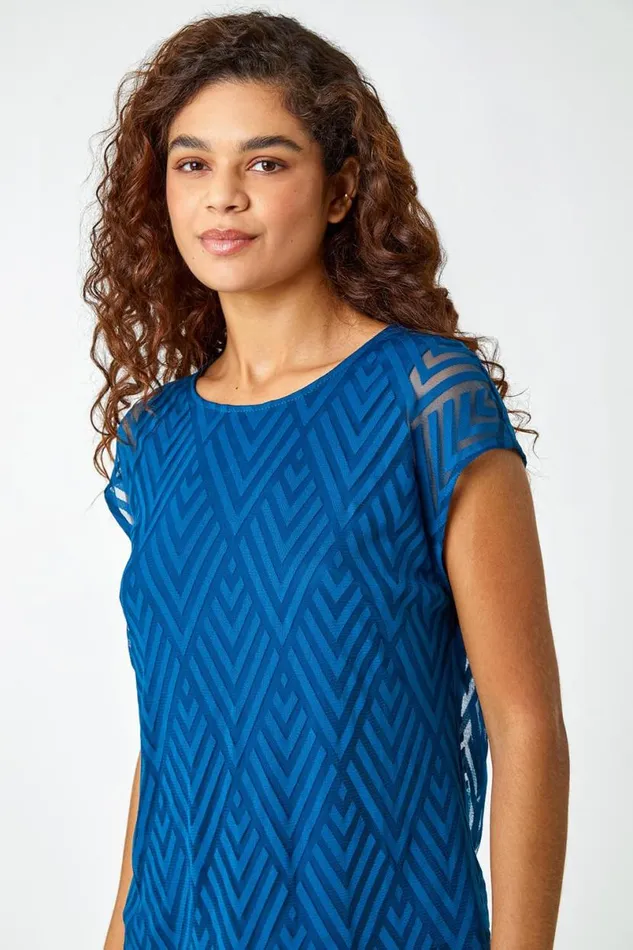 Teal Textured Chevron Print Top Women Roman Tops