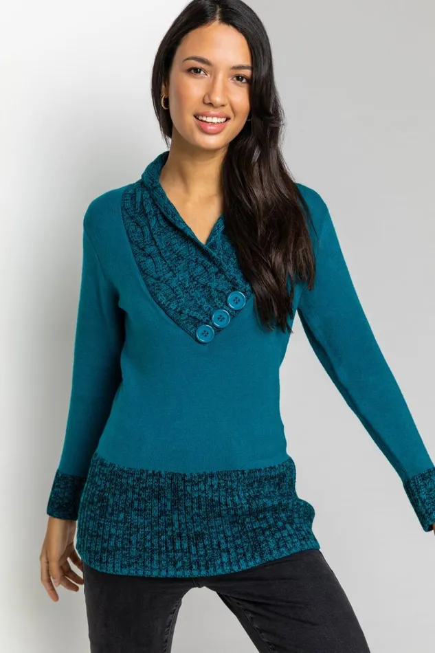 Teal VNeck Overlap Button Detail Longline Jumper Women Roman Knitwear