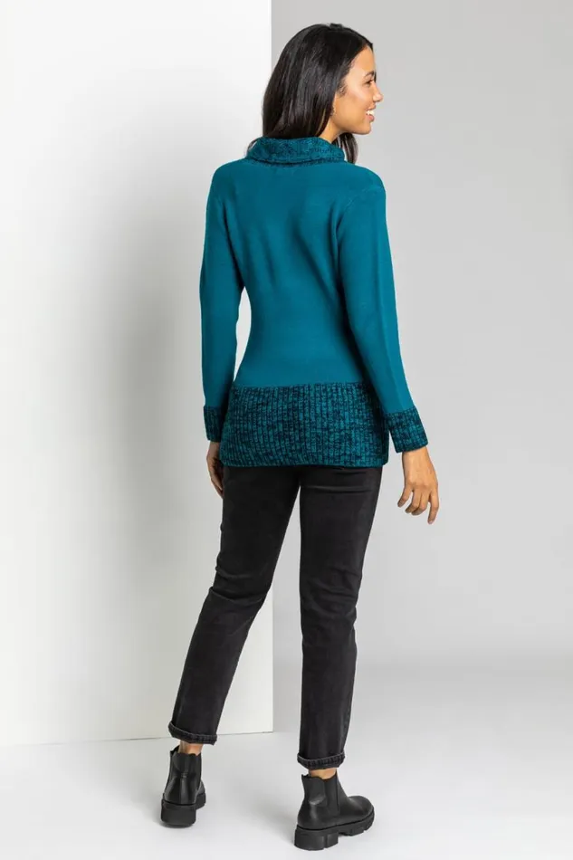 Teal VNeck Overlap Button Detail Longline Jumper Women Roman Knitwear