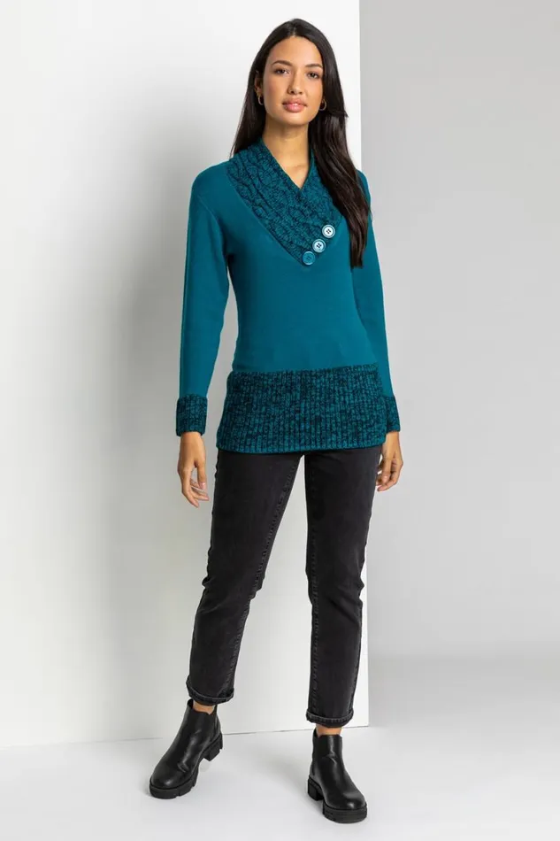 Teal VNeck Overlap Button Detail Longline Jumper Women Roman Knitwear
