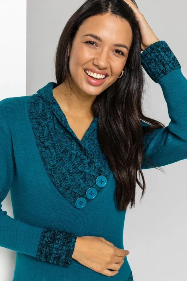 Teal VNeck Overlap Button Detail Longline Jumper Women Roman Knitwear