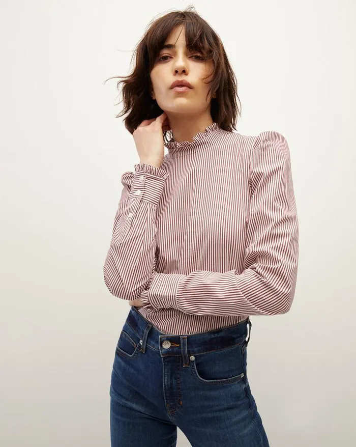 Tops and Tees Shop Veronica Beard Alford Striped Poplin Top Dark Raspberryoff White