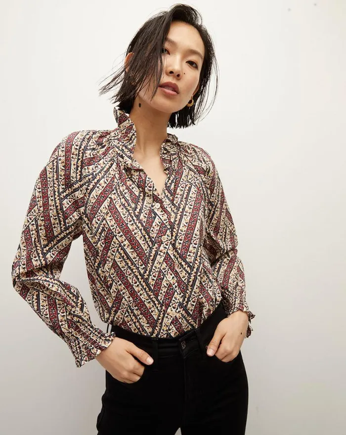 Tops and Tees Shop Veronica Beard Calisto ButtonDown Shirt Ecru Multi