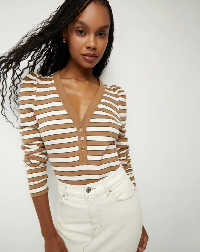Tops and Tees Shop Veronica Beard Dekalb Striped PuffSleeve Top Camel Multi