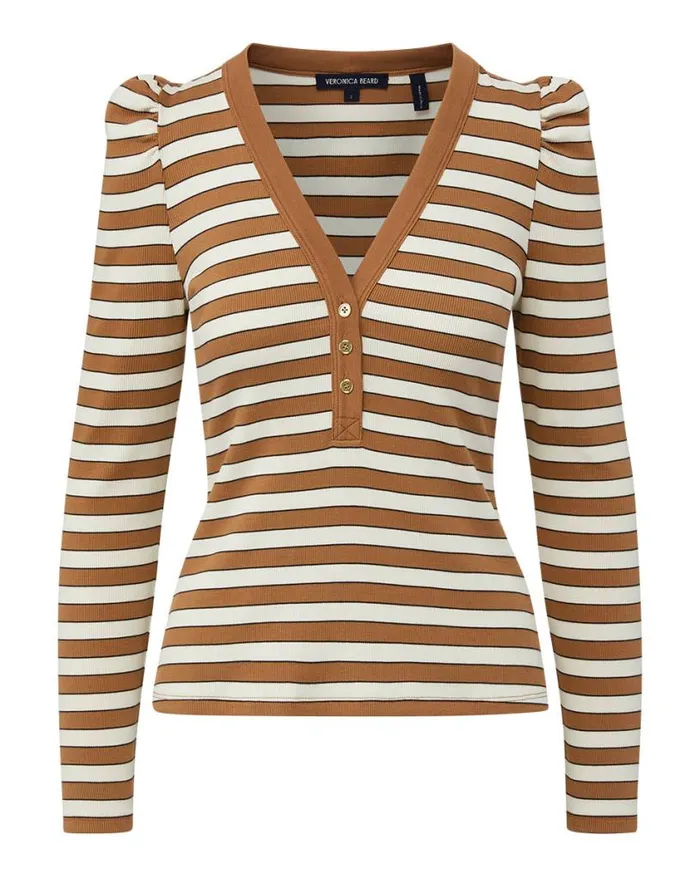 Tops and Tees Shop Veronica Beard Dekalb Striped PuffSleeve Top Camel Multi