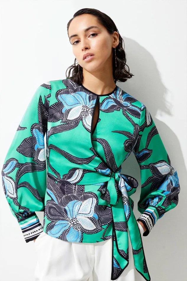 Tops Women Karen Millen Batik Floral Placed Hammered Satin Wrap Top Green