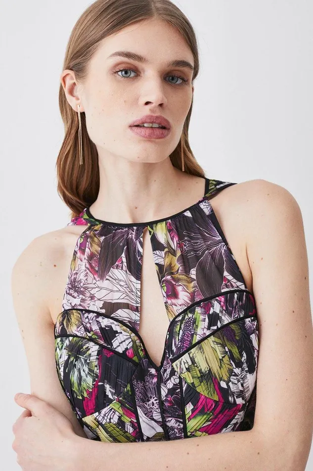Tops Women Karen Millen Corset Detail Floral Pleated Halter Woven Maxi Dress Multi