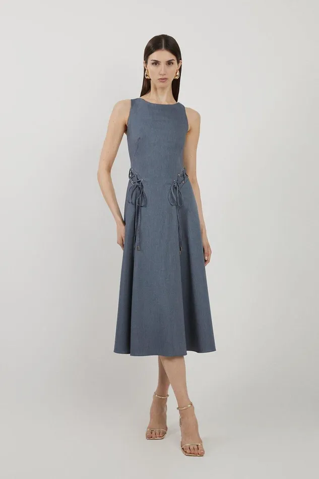 Tops Women Karen Millen Corseted Tie Detail Tailored Full Skirted Midaxi Dress Navy