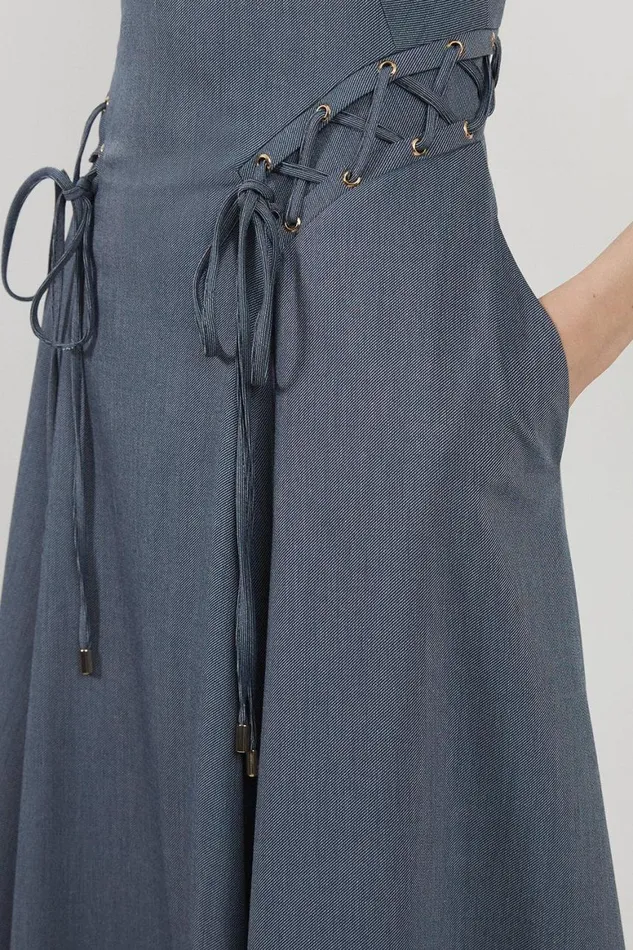 Tops Women Karen Millen Corseted Tie Detail Tailored Full Skirted Midaxi Dress Navy