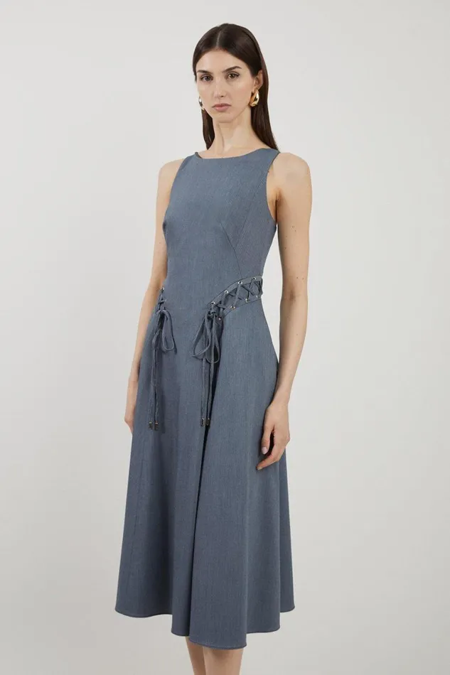 Tops Women Karen Millen Corseted Tie Detail Tailored Full Skirted Midaxi Dress Navy