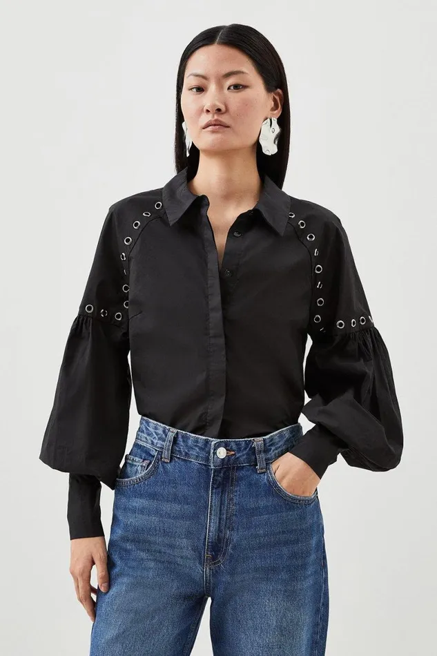 Tops Women Karen Millen Cotton Eyelet Long Sleeve Woven Shirt Black