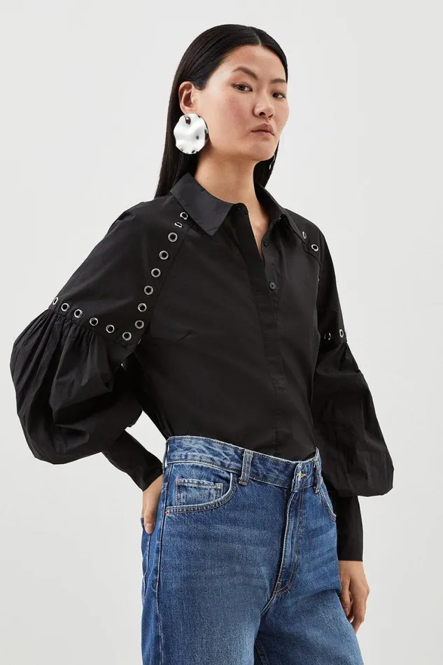 Tops Women Karen Millen Cotton Eyelet Long Sleeve Woven Shirt Black
