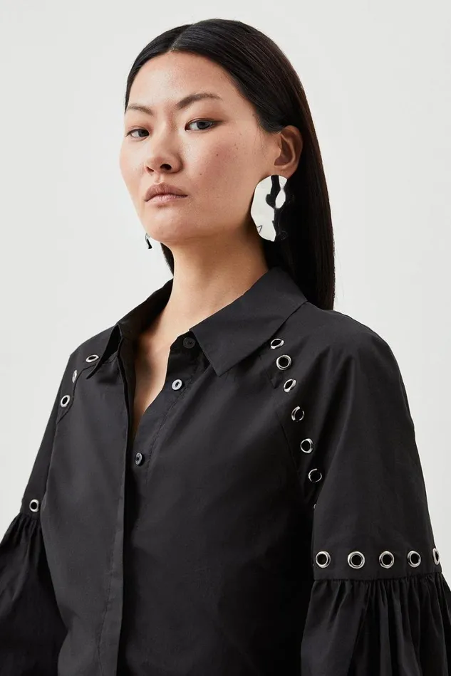Tops Women Karen Millen Cotton Eyelet Long Sleeve Woven Shirt Black