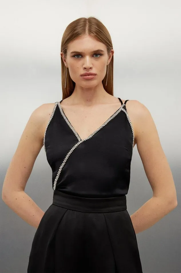Tops Women Karen Millen Embellished Diamante Woven Satin Cami Top Black