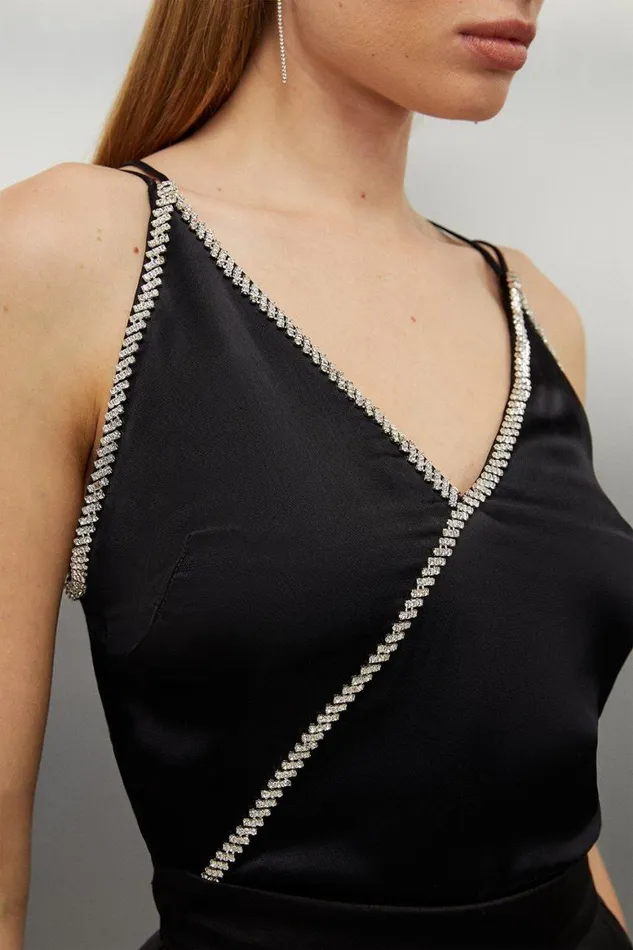 Tops Women Karen Millen Embellished Diamante Woven Satin Cami Top Black