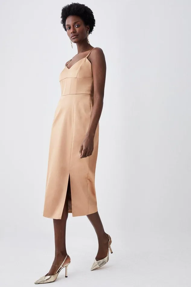Tops Women Karen Millen Italian Structured Satin Corset Detail Pencil Midi Dress Camel Tops Women Karen Millen Italian Structured Satin Corset Detail Pencil Midi Dress Camel