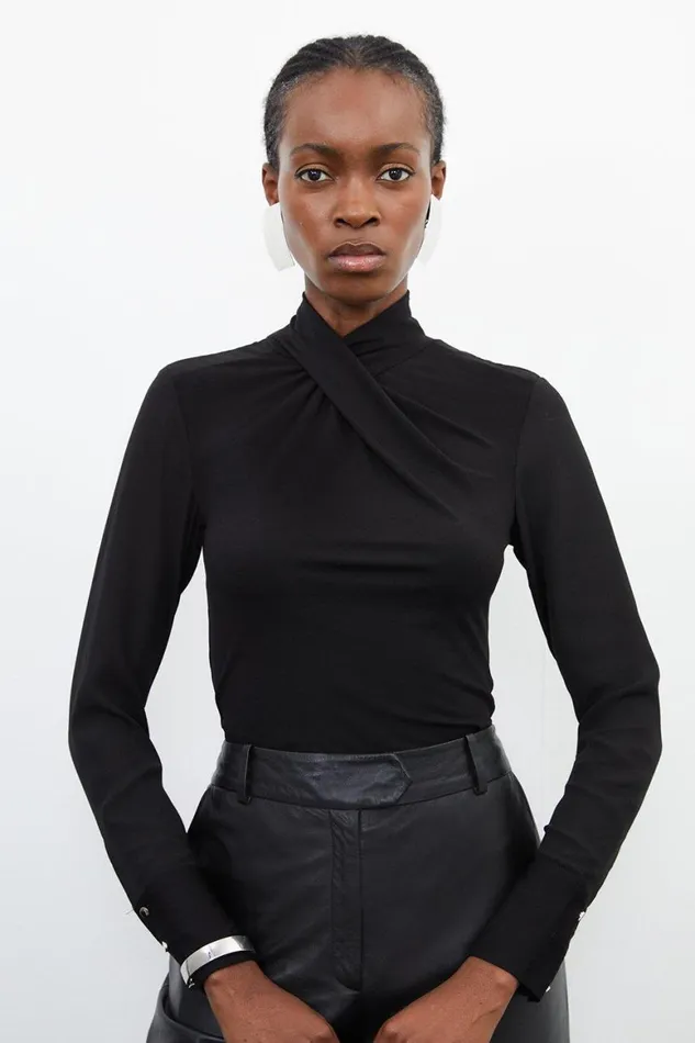 Tops Women Karen Millen Jersey And Georgette Mix High Neck Top Black