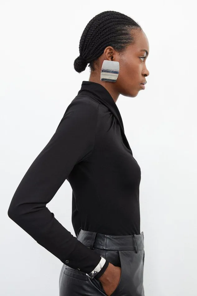 Tops Women Karen Millen Jersey And Georgette Mix High Neck Top Black