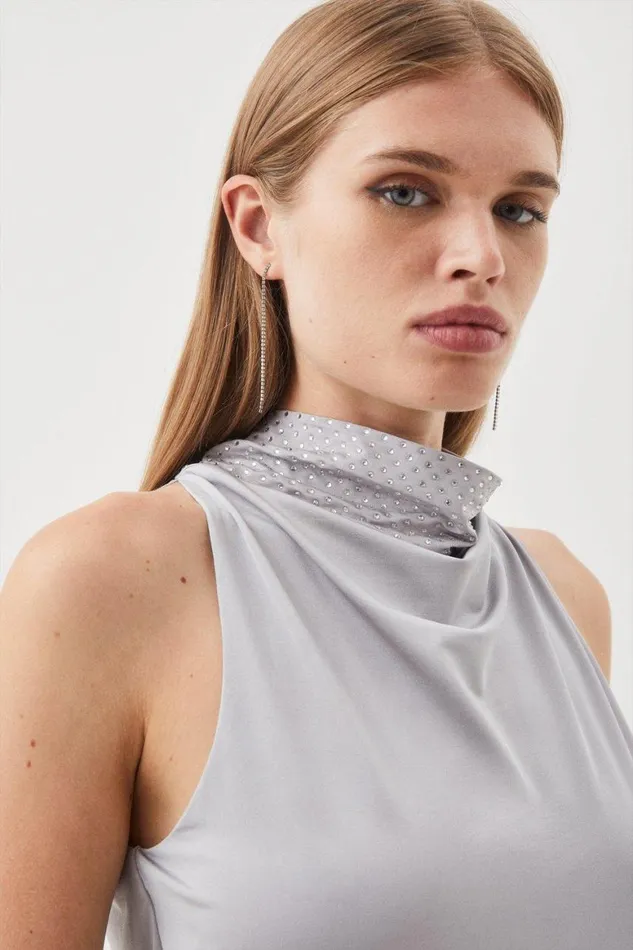 Tops Women Karen Millen Jersey Crepe Embellished Halter Neck Top Silver