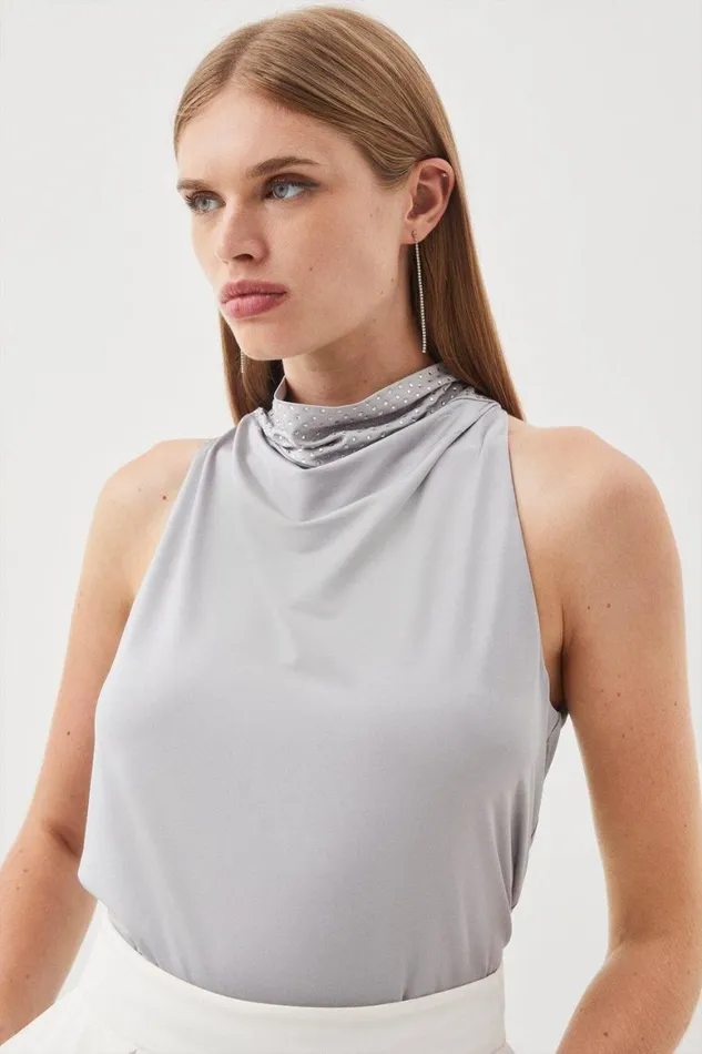 Tops Women Karen Millen Jersey Crepe Embellished Halter Neck Top Silver