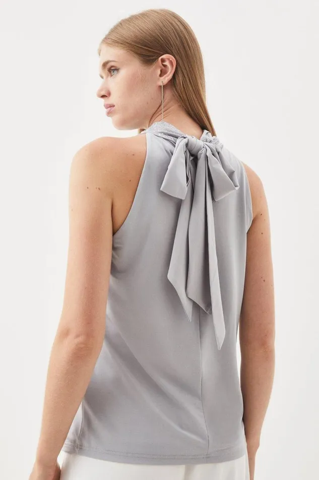 Tops Women Karen Millen Jersey Crepe Embellished Halter Neck Top Silver